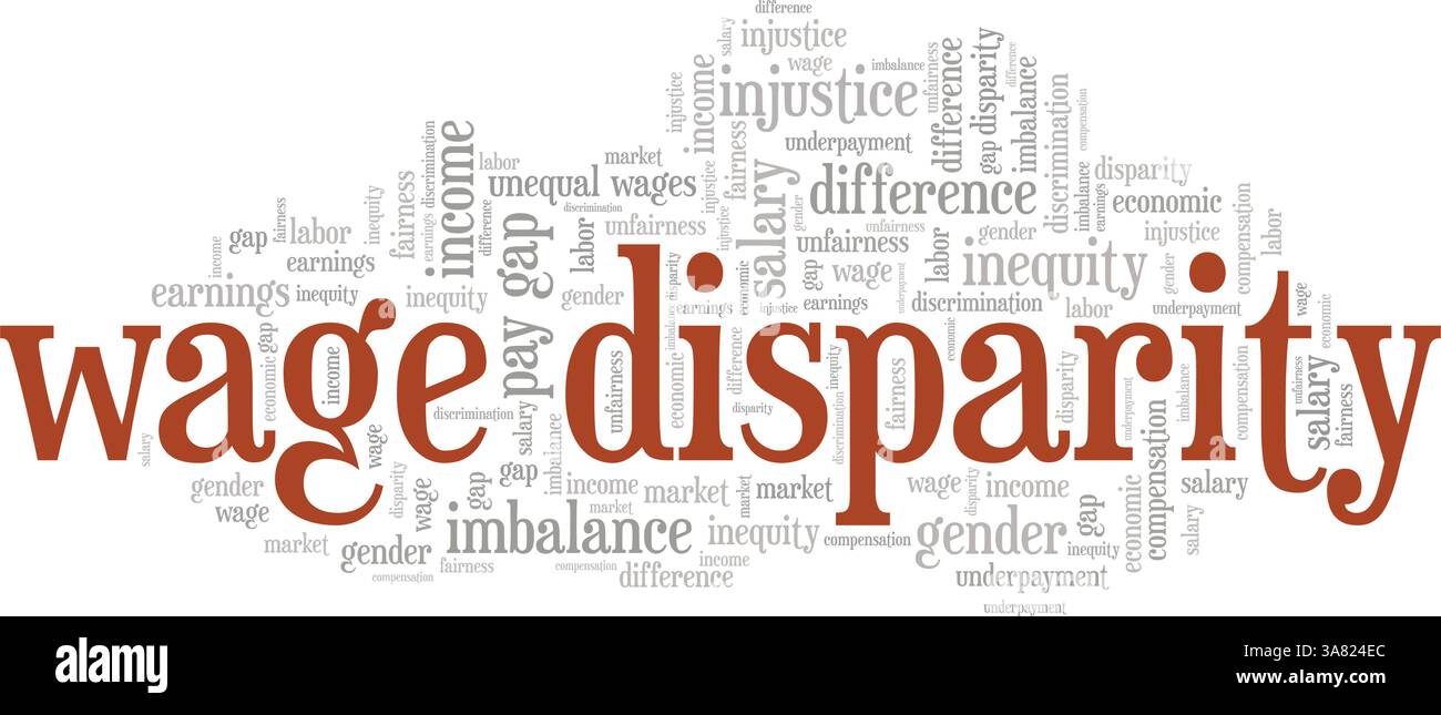 Disparità salariale progettazione concettuale di Word cloud isolata su sfondo bianco. Illustrazione Vettoriale
