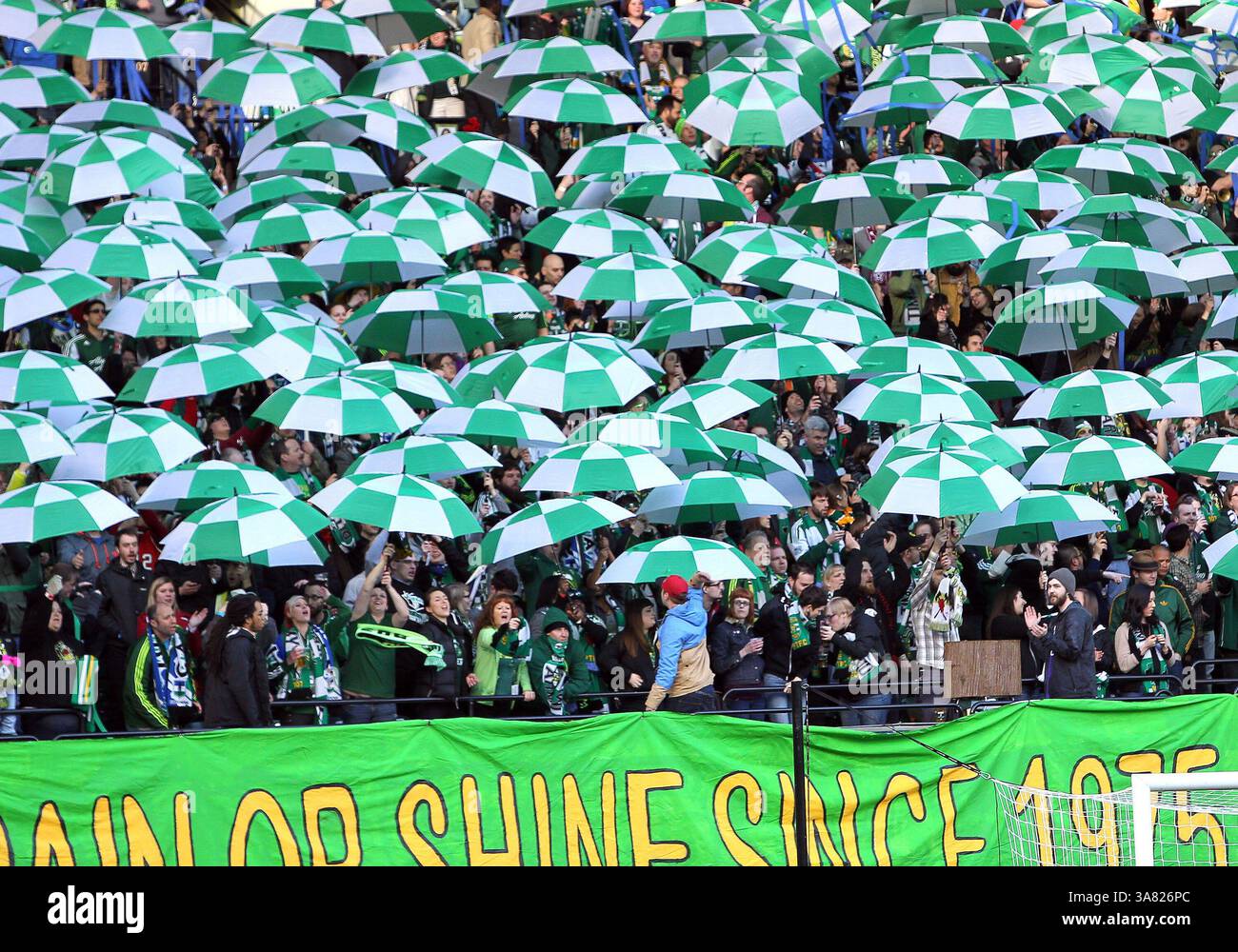 3 marzo 2013 - Portland, OR, USA - 3 marzo 2013: Festeggiando i 38 anni di calcio a Portland, i tifosi mostrano i loro ombrelli personalizzati prima della partita MLS tra i New York Red Bulls e i Portland Timbers al Jeld Wen Stadium di Portland, OR(Credit Image: © Larry C. Lawson/Cal Sport Media/ZUMAPRESS.com) Foto Stock 3 marzo 2013 - Portland, OR, USA - 3 marzo 2013: Festeggiando i 38 anni di calcio a Portland, i tifosi mostrano i loro ombrelli personalizzati prima della partita MLS tra i New York Red Bulls e i Portland Timbers al Jeld Wen Stadium di Portland, OR(Credit Image: © Larry C. Lawson/Cal Sport Media/ZUMAPRESS.com) Foto Stock