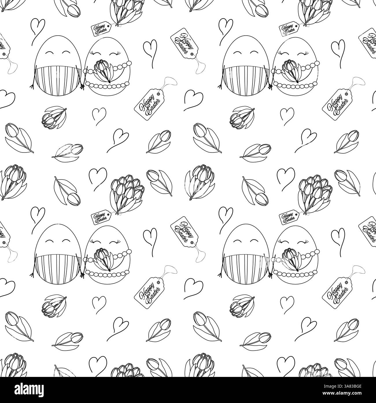 Motivo bianco e nero senza cuciture con uova di Pasqua sorridenti, tulipani, cuori e - buona Pasqua - etichette regalo. Ideale per la pagina da colorare dei bambini. Illustrazione Vettoriale