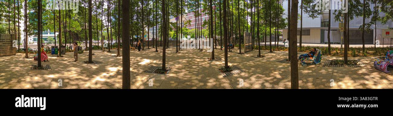 Vista panoramica dello Standard Chartered Pocket Park (Laman Standard Chartered), un'oasi forestale urbana all'intersezione tra Jalan Pinang e Ja Foto Stock