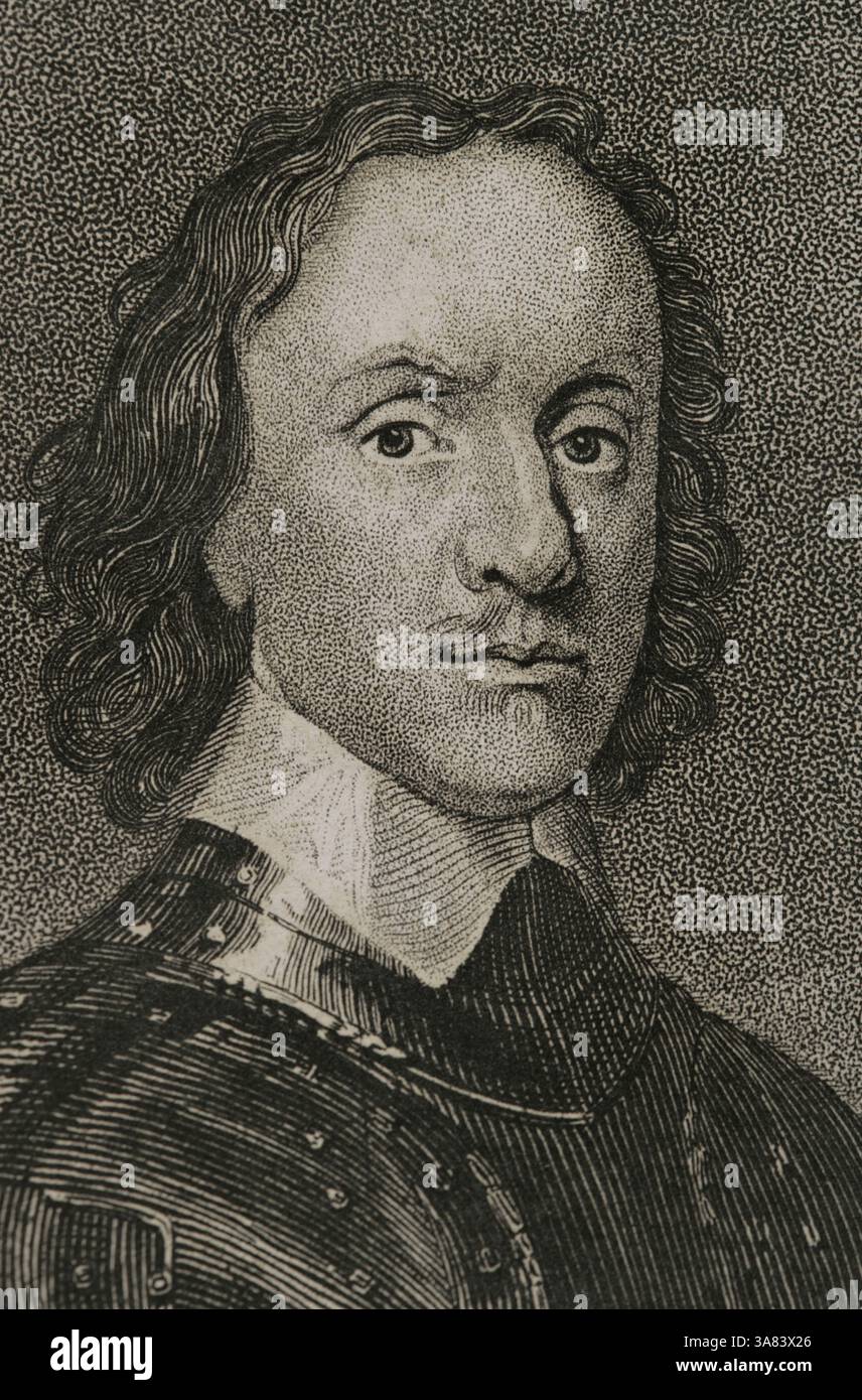 Oliver Cromwell (1599-1658). Leader politico e militare inglese. Lord Protettore di Gran Bretagna (1653-1658). Verticale. Incisione. Dettagli. Historia de las persecuciones políticas y religiosas en Europa (storia delle persecuzioni politiche e religiose in Europa). Volume IV. Pubblicato a Barcellona, 1865. Foto Stock