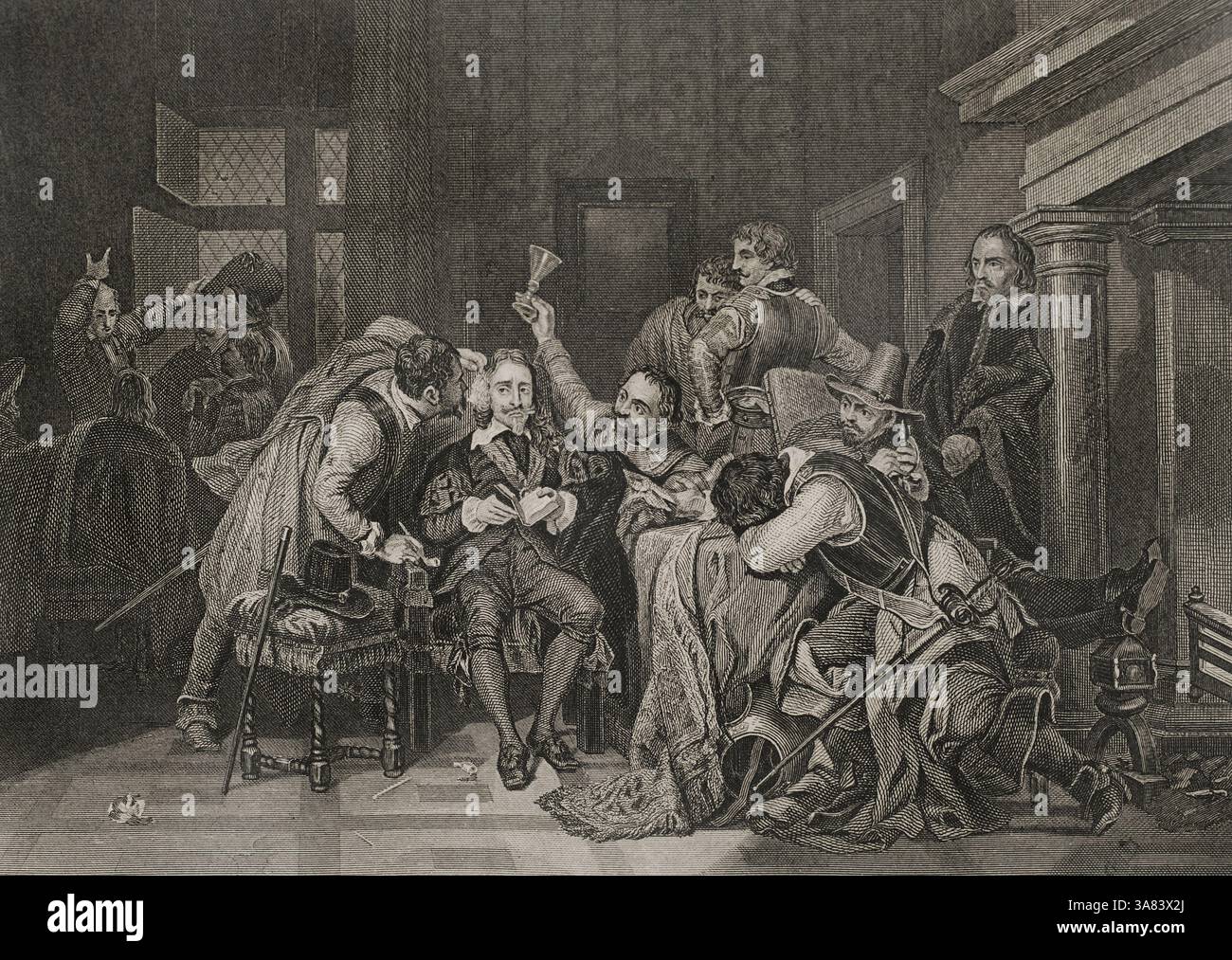 Carlo i (1600-1649). Re di Gran Bretagna e Irlanda, dal 27 marzo 1625 fino alla sua esecuzione il 30 gennaio 1649. Carlo era stato sconfitto dall'esercito parlamentare durante la guerra civile inglese, in uno dei numerosi episodi che mettevano i realisti contro i parlamentari tra il 1642 e il 1651. Dopo la sua cattura, il re fu processato e condannato a morte per alto tradimento. Carlo i d'Inghilterra in prigione. Incisione. Historia de las persecuciones políticas y religiosas en Europa (storia delle persecuzioni politiche e religiose in Europa). Volume IV. Pubblicato a Barcellona, 1865. Foto Stock