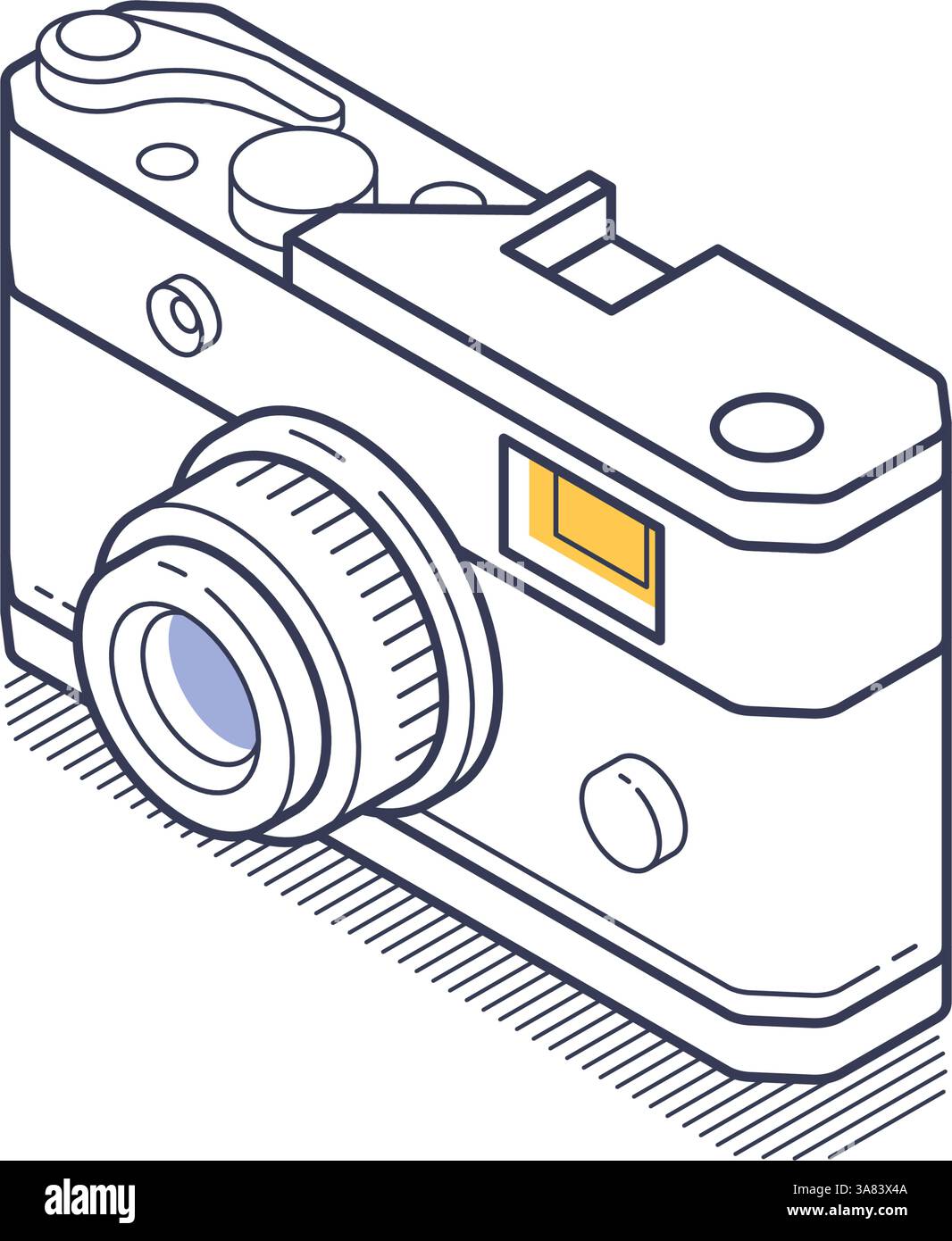 Un disegno isometrico di una telecamera presenta un design retrò con caratteristiche distinte delineate chiaramente. Questa illustrazione mette in evidenza la complessa deta Illustrazione Vettoriale