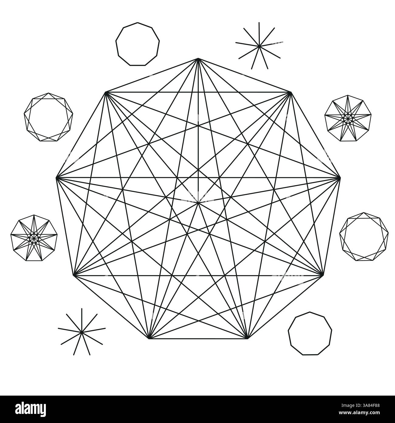 Illustrazione colori Nonagon bianco e nero geometria sacra cerchio vettore di frequenza luminosa Illustrazione Vettoriale