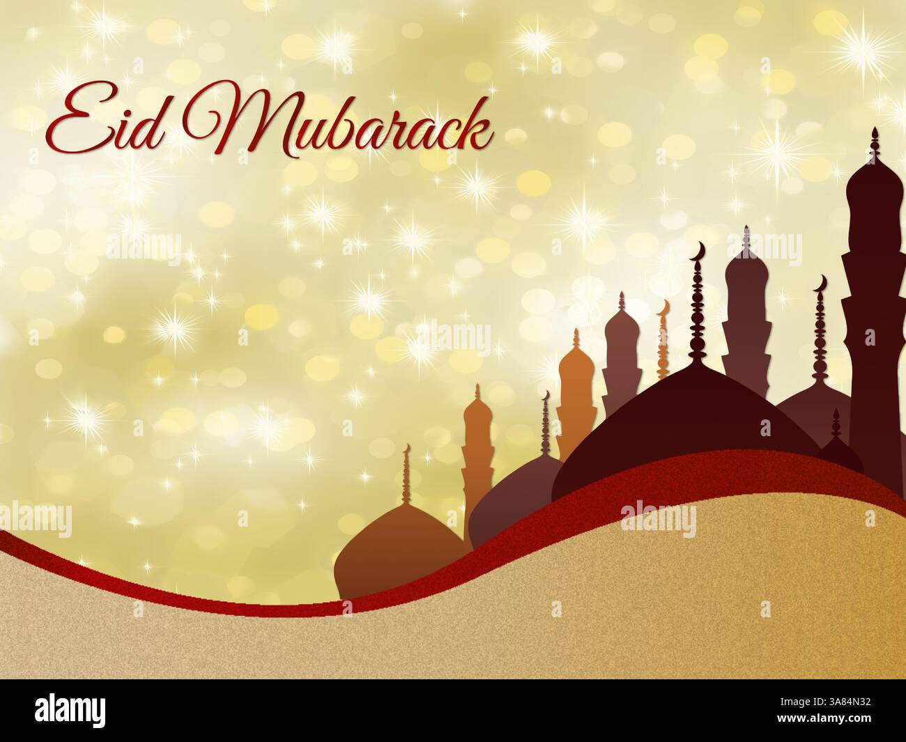 Splendido poster dello skyline della città con un grande banner nel centro che recita Eid Muharram. Il poster ha un'atmosfera calda e invitante. Ramadan Kareem Illustrazione Vettoriale