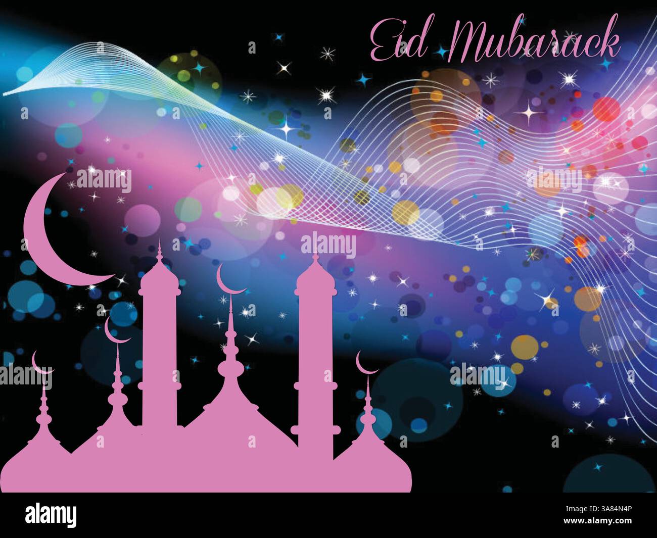 Colorati fuochi d'artificio con una luna crescente sullo sfondo. L'immagine è destinata a rappresentare la celebrazione di Eid Muharram. Ramadan Kareem Pra Illustrazione Vettoriale