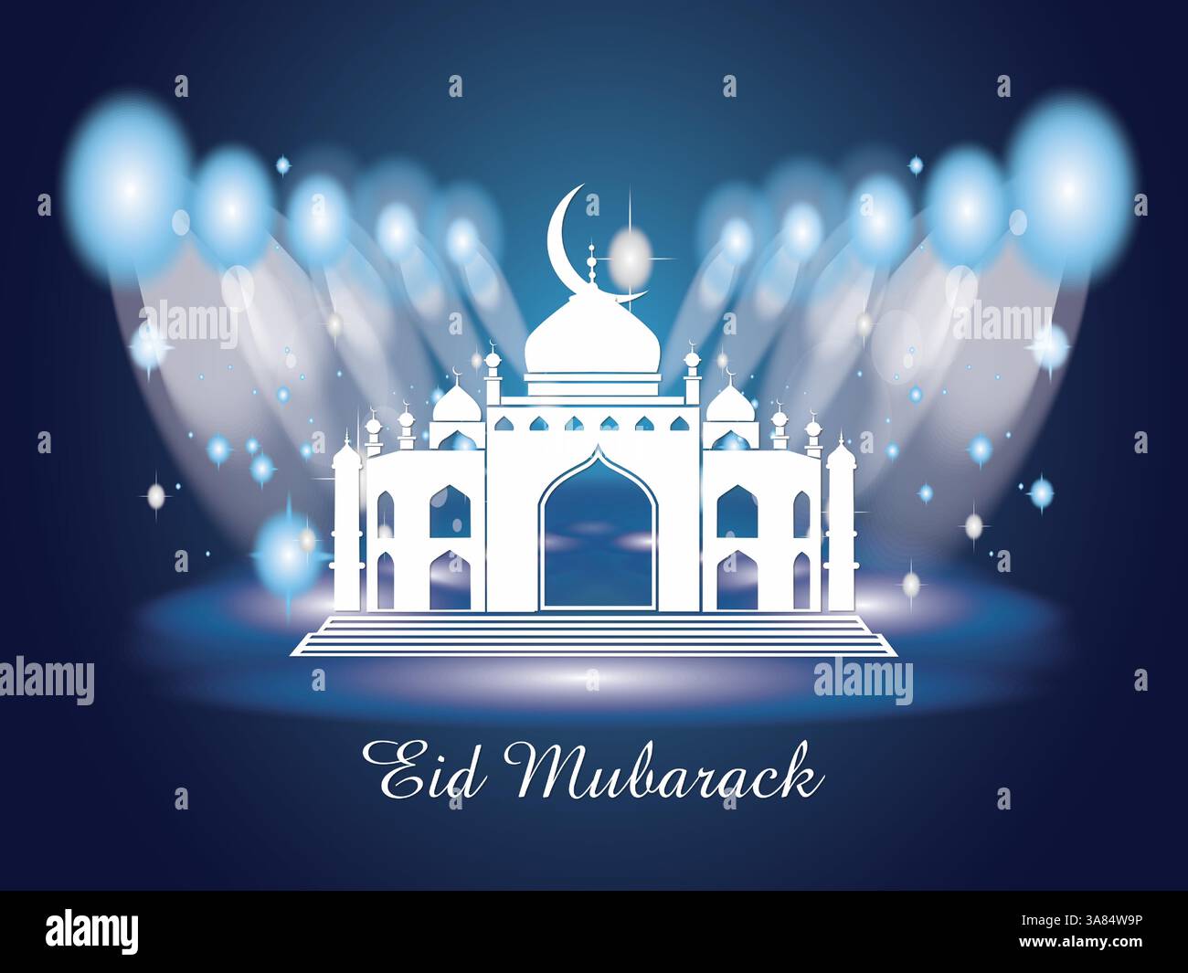 Bell'edificio con una grande cupola e una luna crescente in cima. L'edificio e' illuminato da luci luminose, donandogli un'atmosfera festosa. Ramadan Kareem Prayin Illustrazione Vettoriale
