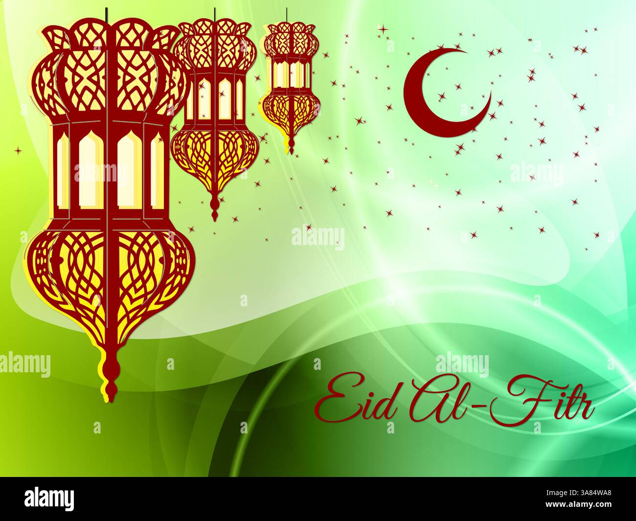 Sfondo verde con tre lanterne rosse appese dall'alto. Le lanterne sono illuminate, creando un'atmosfera calda e invitante. Ramadan Kareem Prayin Illustrazione Vettoriale