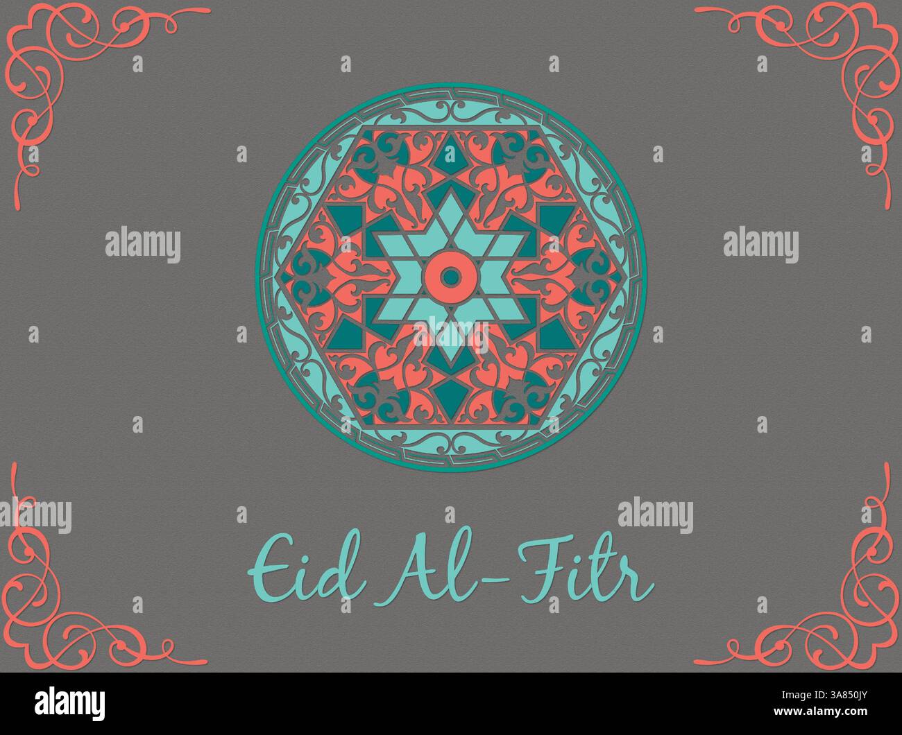 Design colorato con un cerchio blu e verde con un punto rosso al centro. Il cerchio è circondato da una cornice. Ramadan Kareem prega Eid al-Fitr Har Illustrazione Vettoriale
