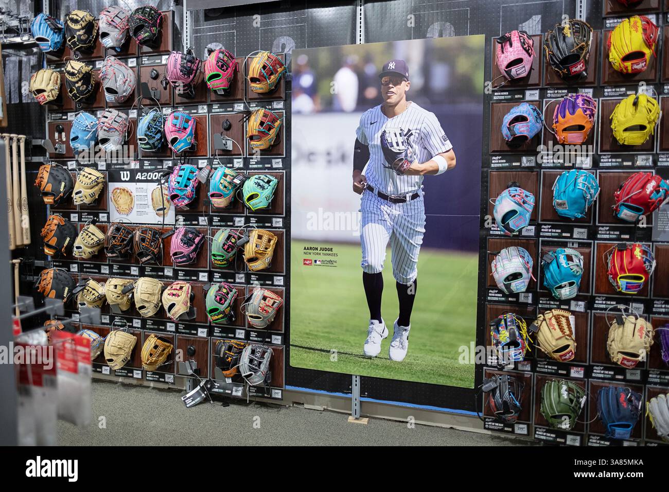 Una mostra di colorati guanti Wilson da baseball approvati dallo Yankees slugger Aaron Judge. Al Dick's Sporting Goods nel Roosevelt Field Mall di Long ISL. Foto Stock