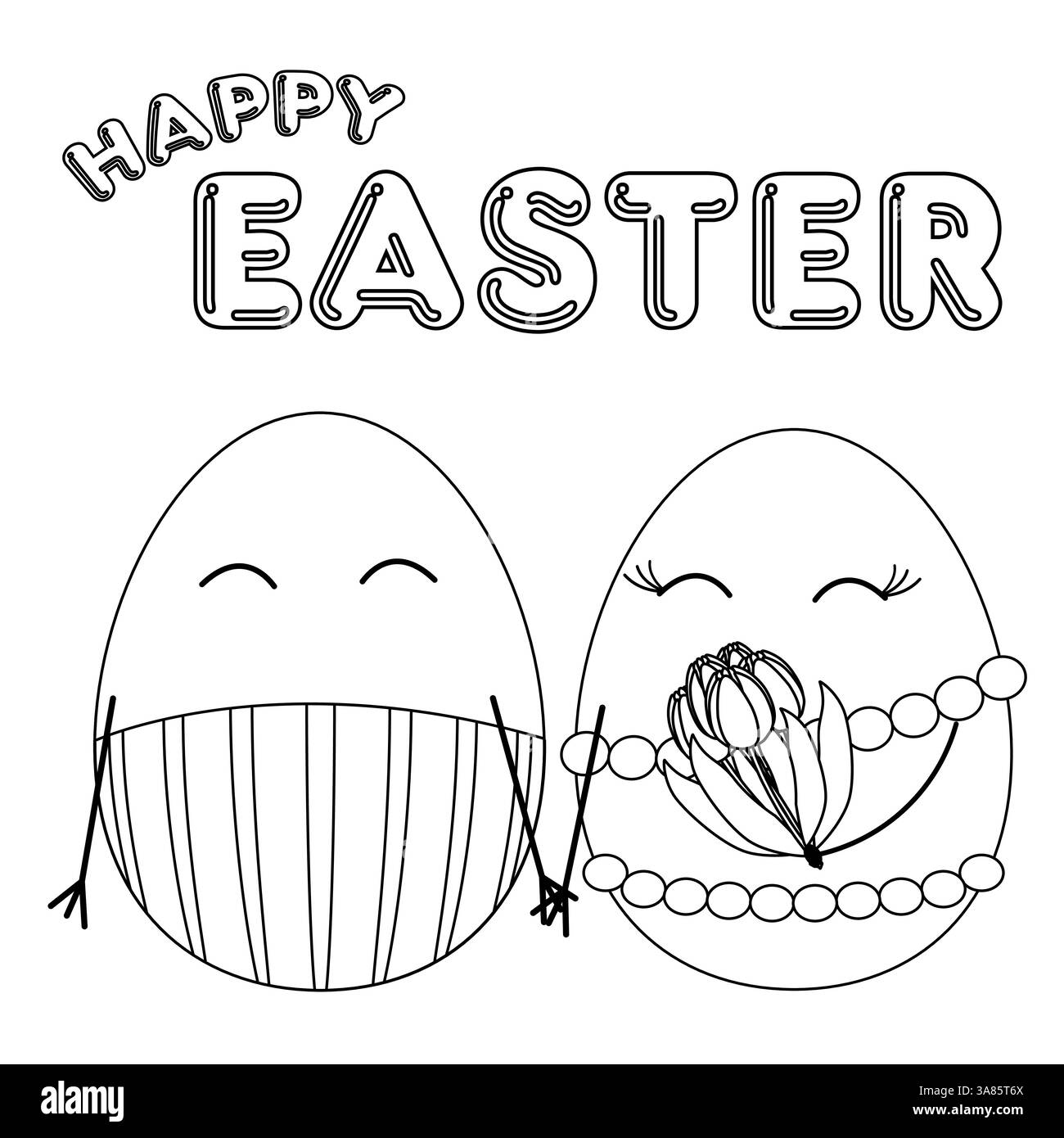 Illustrazione in bianco e nero di una coppia amorevole di uova di Pasqua antropomorfe sorridenti che reggono un mazzo di tulipani, e - buona Pasqua - testo sopra. Illustrazione Vettoriale