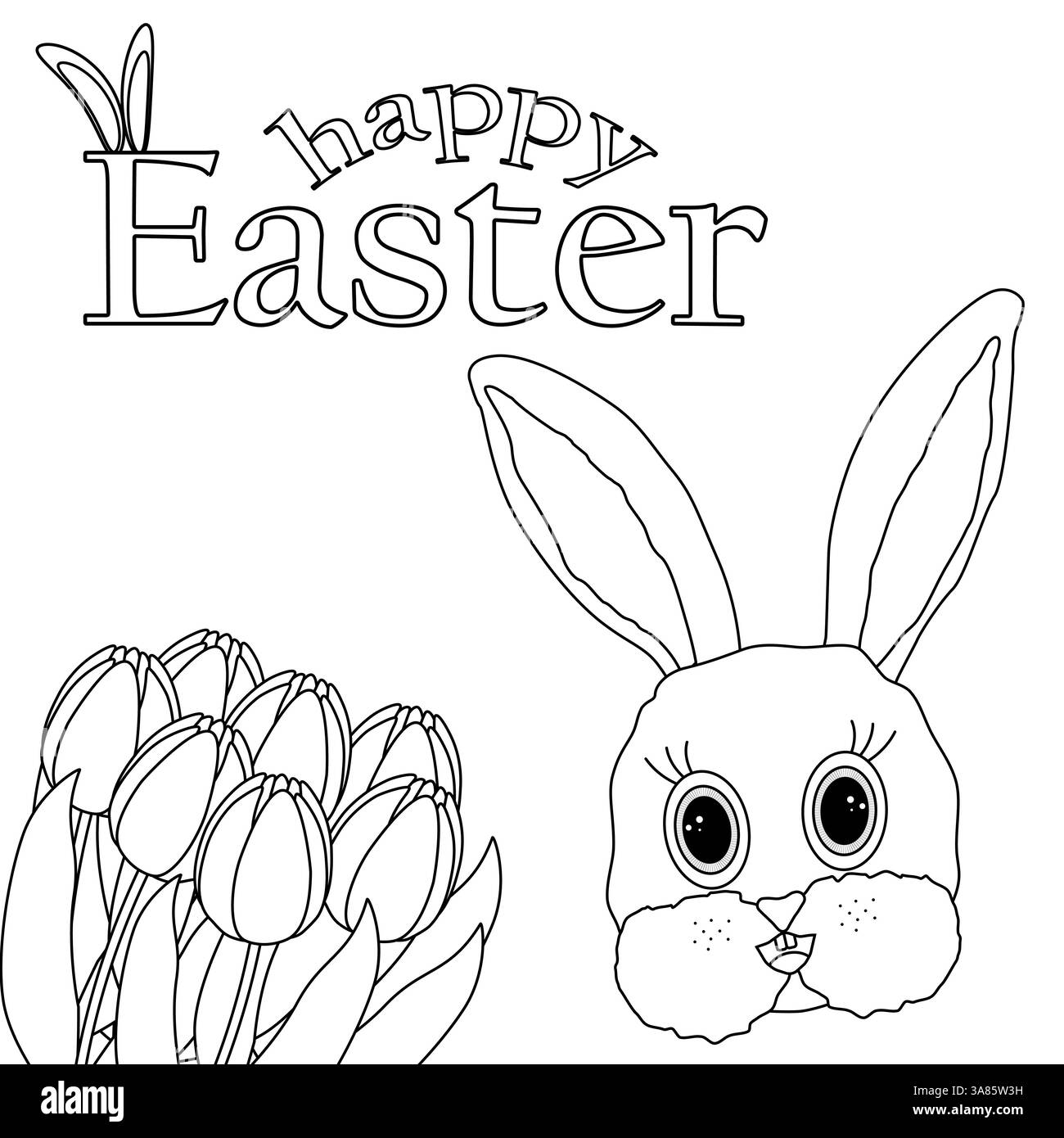 Pagina di colorazione monocromatica per bambini e adulti con testa coniglietto pasquale, tulipani e testo - buona Pasqua -. Perfetto per biglietti d'auguri. Illustrazione Vettoriale