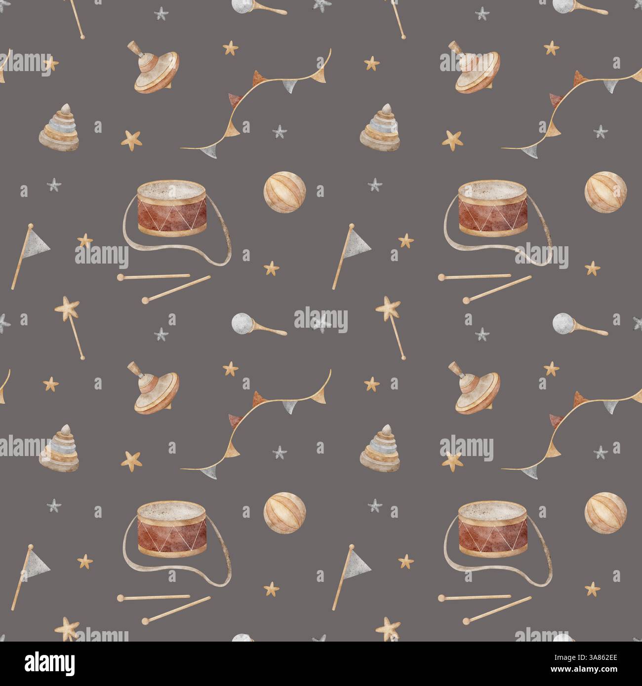 Crea illustrazioni ad acquerello con giocattoli in legno, tamburo, top girevole con stelle e bandiere garland su sfondo grigio. Stampa senza interruzioni in stile cartoni animati Foto Stock