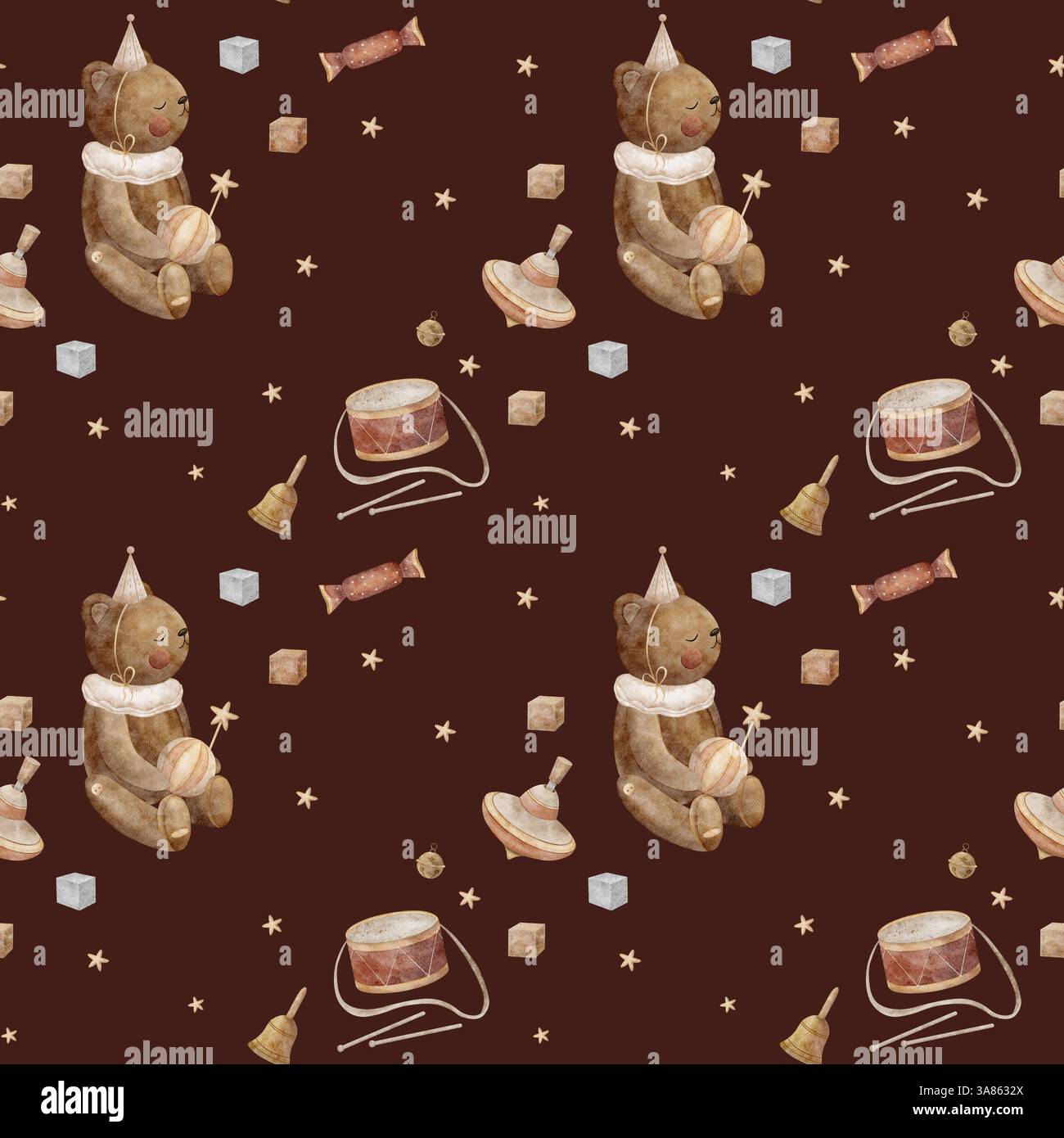 Motivo senza cuciture di giocattoli vintage orsacchiotto, top rotante, palla, dadi, stelle. Illustrazione acquerello su sfondo Bordeaux colorato per la stampa Foto Stock