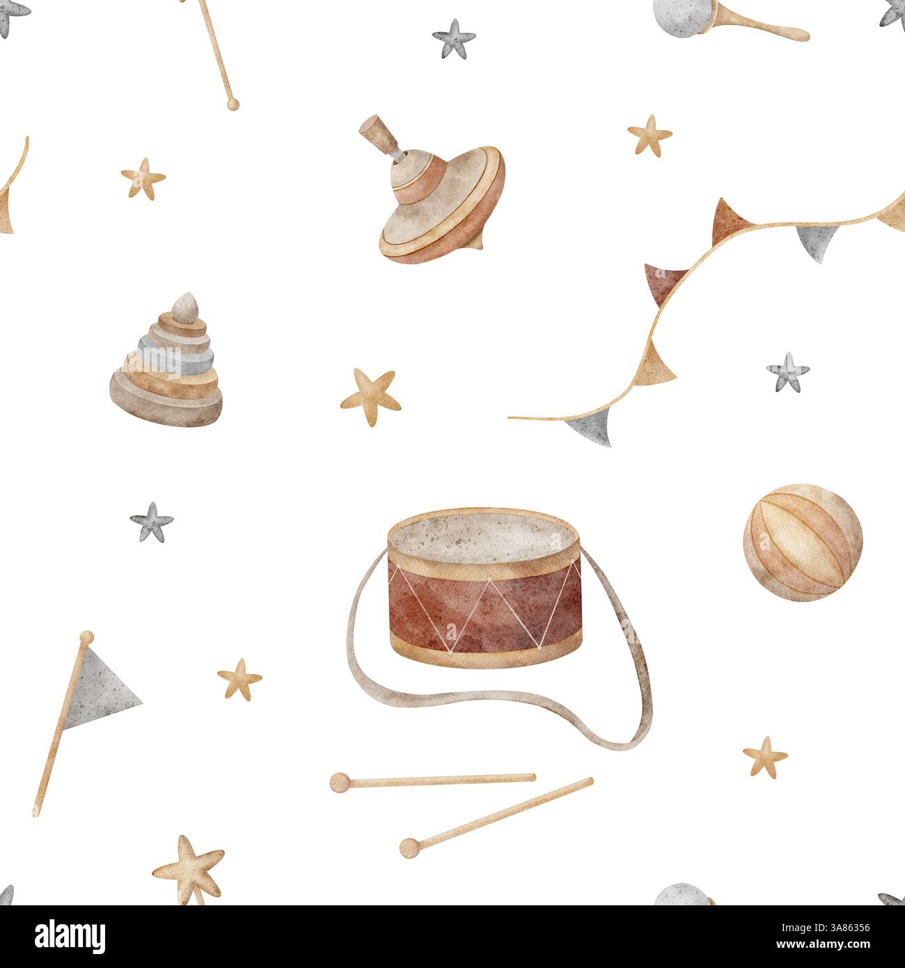 Giocattoli in legno con motivo ad acquerello, tamburo, piano girevole, piramide, palla, sonaglino nelle bandiere delle stelle e delle ghirlande. Stampa senza cuciture in stile retrò. Bambini Foto Stock