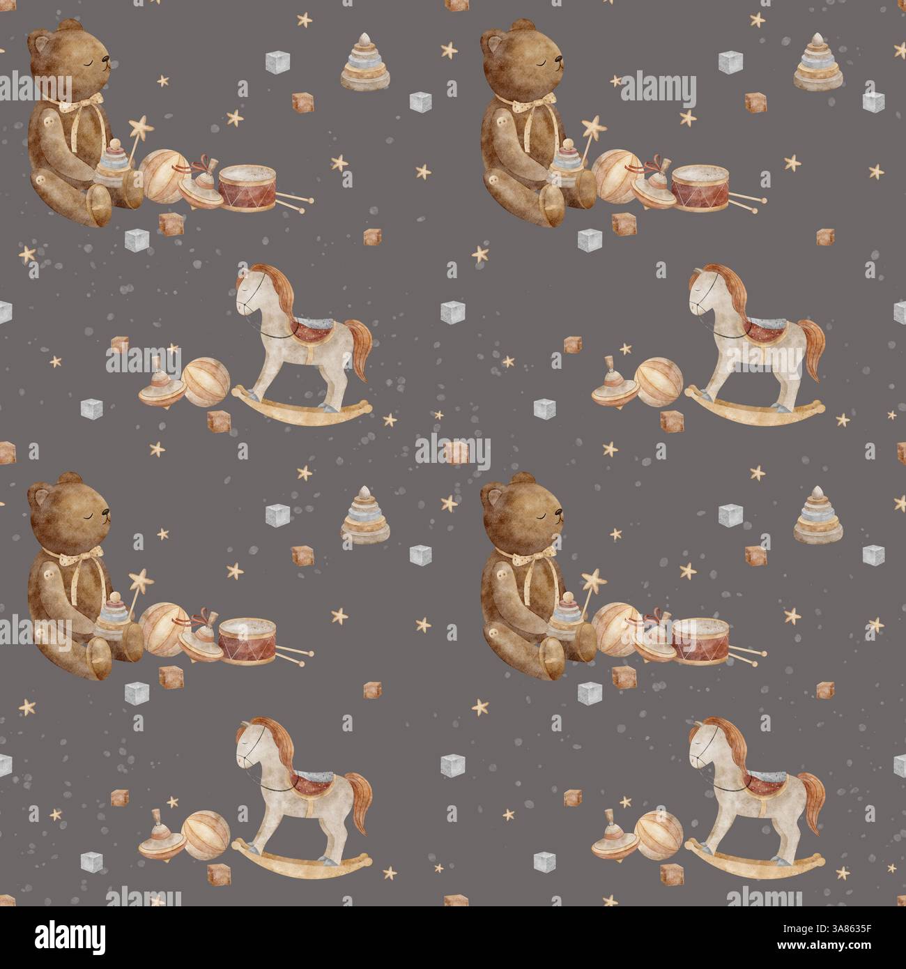 Motivo ad acquerello con illustrazioni di giocattoli retrò orsacchiotto, cavallo altalena su sfondo grigio. Stile cartoni animati con stampa perfetta per design e tessuto Foto Stock