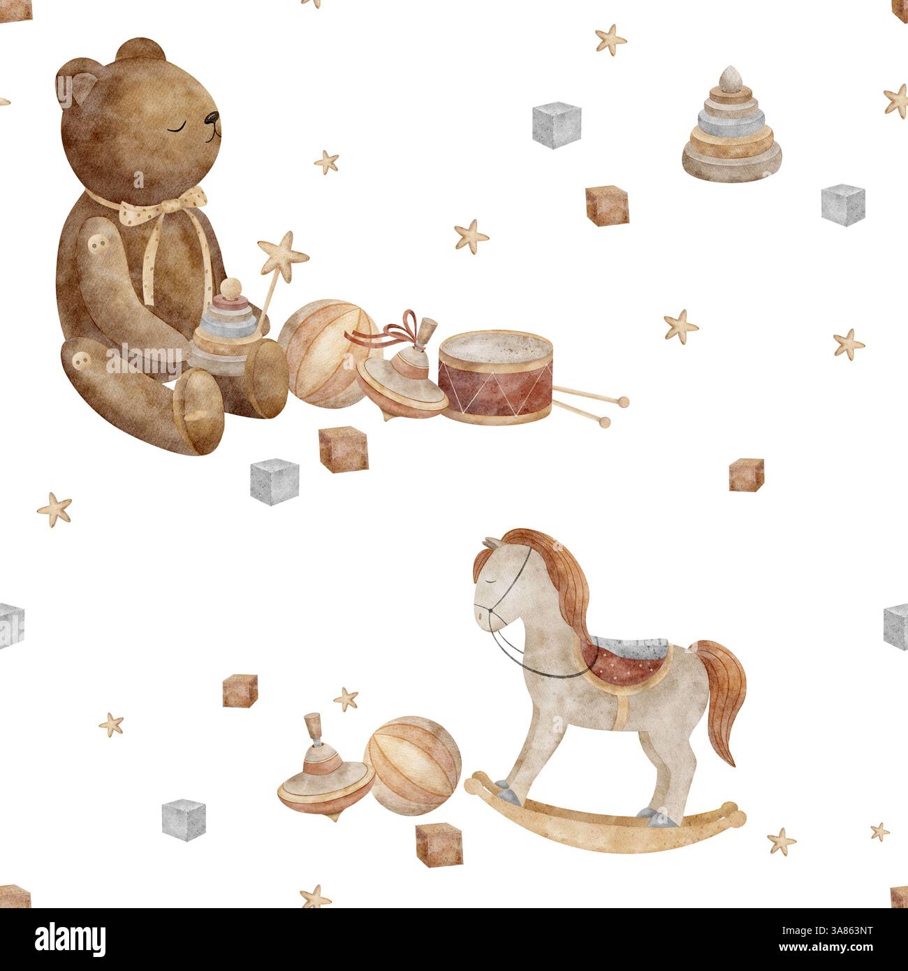 Giochi retrò con motivo ad acquerello, orsacchiotto, cavallo altalena. Stampa senza cuciture in stile per bambini. Illustrazione su sfondo isolato per design, tessuto Foto Stock