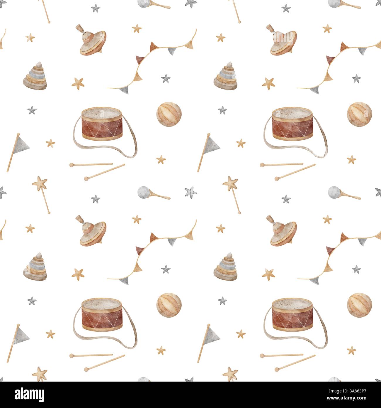 Giocattoli in legno senza cuciture, tamburo, piano girevole, piramide, palla, sonaglino di stelle e ghirlande di bandiere in colori pastello. Illustrazione acquerello attivata Foto Stock