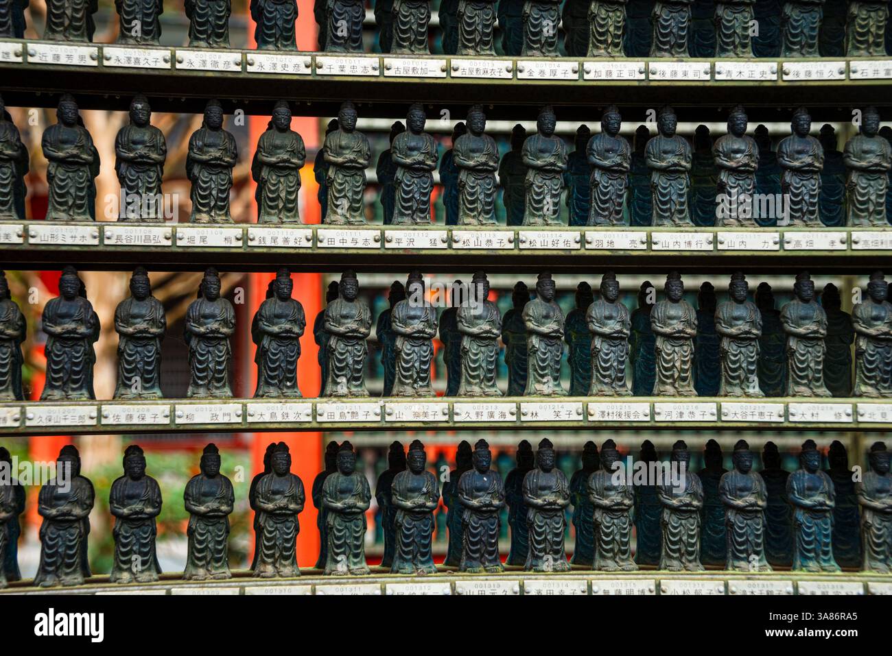 Primo piano di piccole statue di Buddha blu disposte sugli scaffali, simboleggiano la serenità e la devozione al tempio di Sanzen-in, Kyoto, Honshu, Giappone Foto Stock