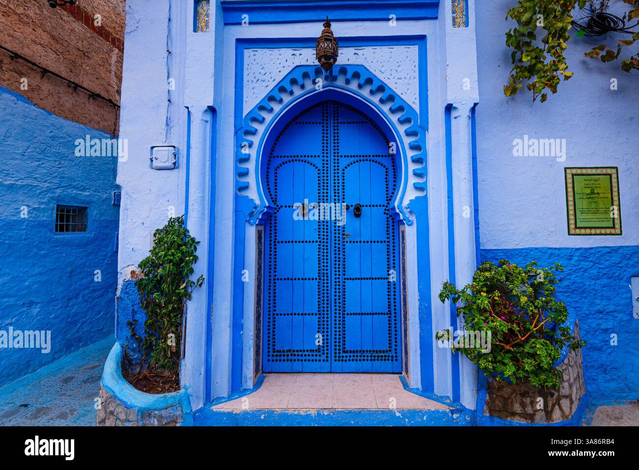 Porta d'ingresso blu decorata in modo splendido nelle strade di colore blu di Chefchaouen, Marocco Foto Stock