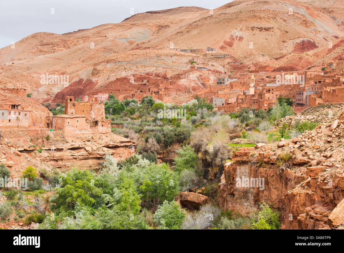Villaggio situato ai margini di un canyon nella valle del fiume Ounila, nella provincia di Ouarzazate, nella regione di Draa-Tafilalet, Marocco Foto Stock