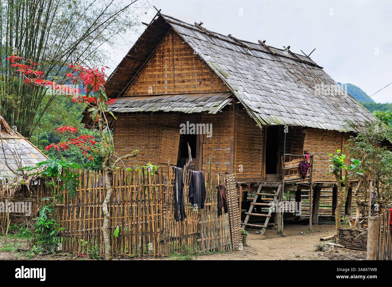 Villaggio dove vivono persone di etnia sia Khmu che Hmong, nel massiccio di montagna vicino a Nong Khiaw, nella provincia di Luang Prabang, Laos Foto Stock