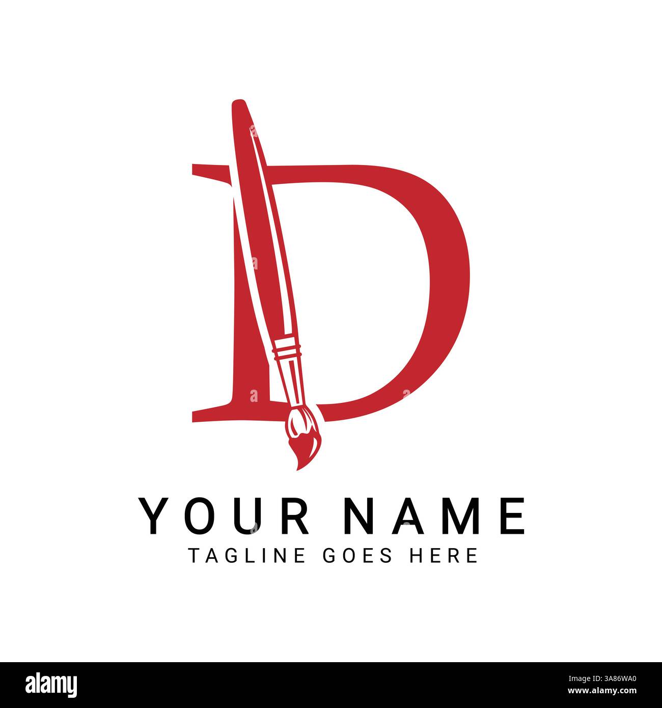 Design del logo del pennello per pittura Letter D. Icona artista pittura alfabeto D. Illustrazione Vettoriale