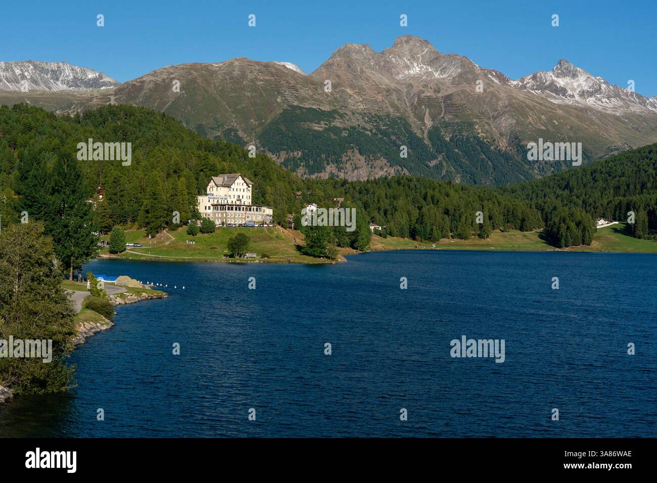 Lago St. Moritz, Cantone dei Grigioni, Svizzera Foto Stock