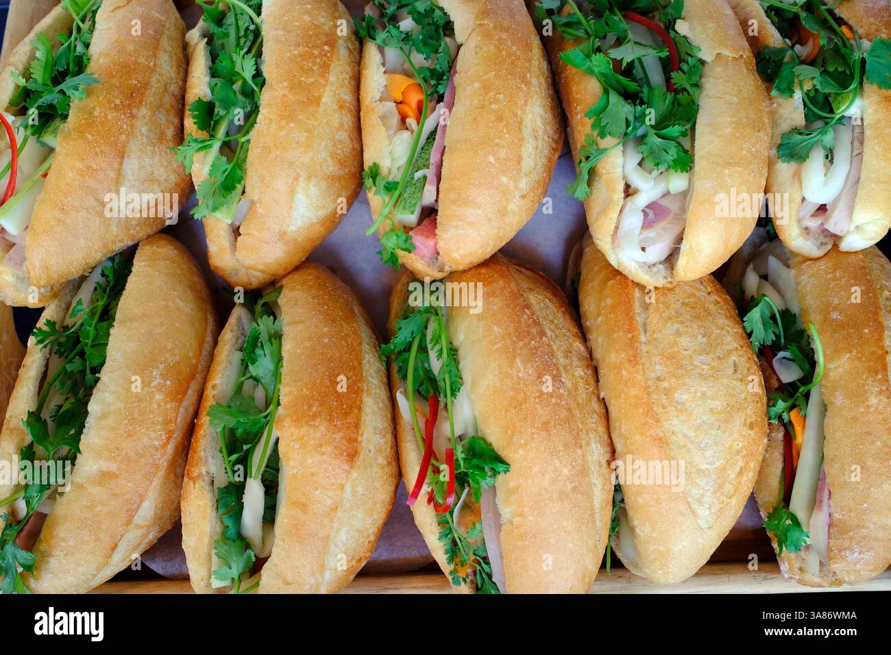 Panino Banh mi, primo piano di baguette vietnamite tradizionale ripiena di patè, carne e verdure, ho chi Minh City, Vietnam Foto Stock