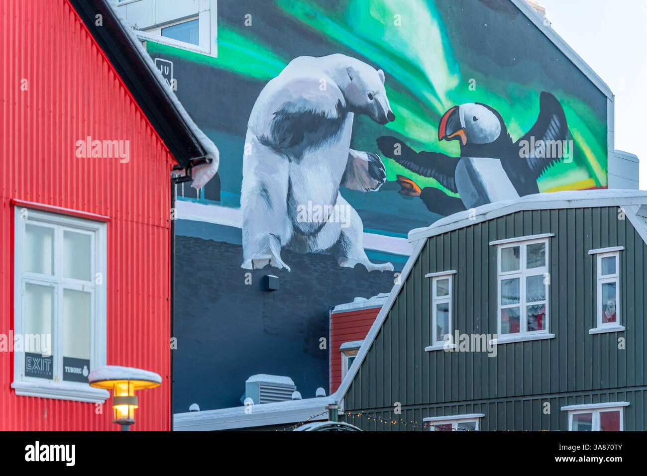 Vista dell'edificio colorato con orso polare e murale delle pulcinelle nel centro della città in una giornata di sole in inverno, Reykjavik, Islanda Foto Stock
