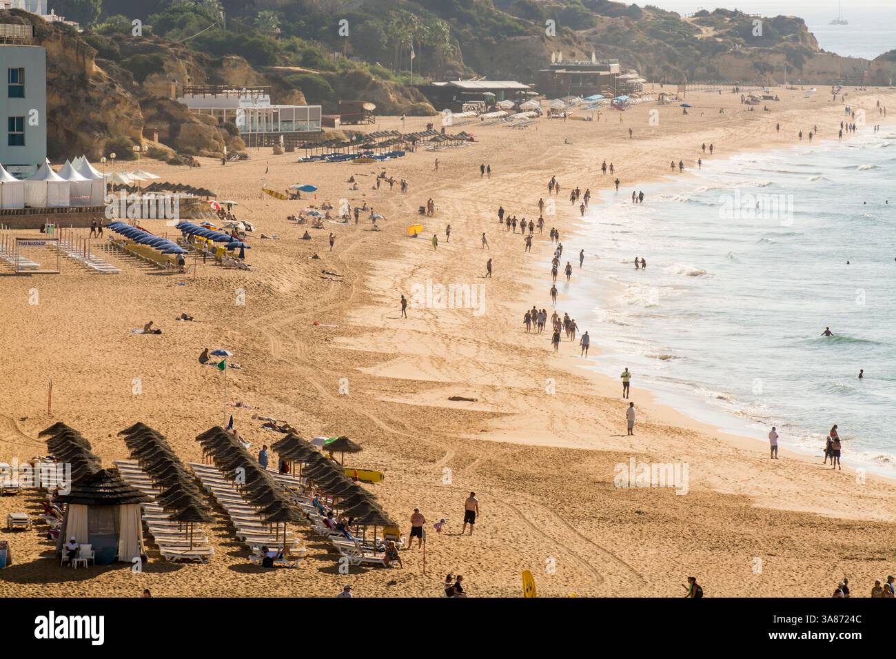 Spiaggia e ombrelloni, Praia dos Pescadores (Spiaggia dei pescatori), Albufeira, quartiere di Faro, Algarve, Portogallo Foto Stock