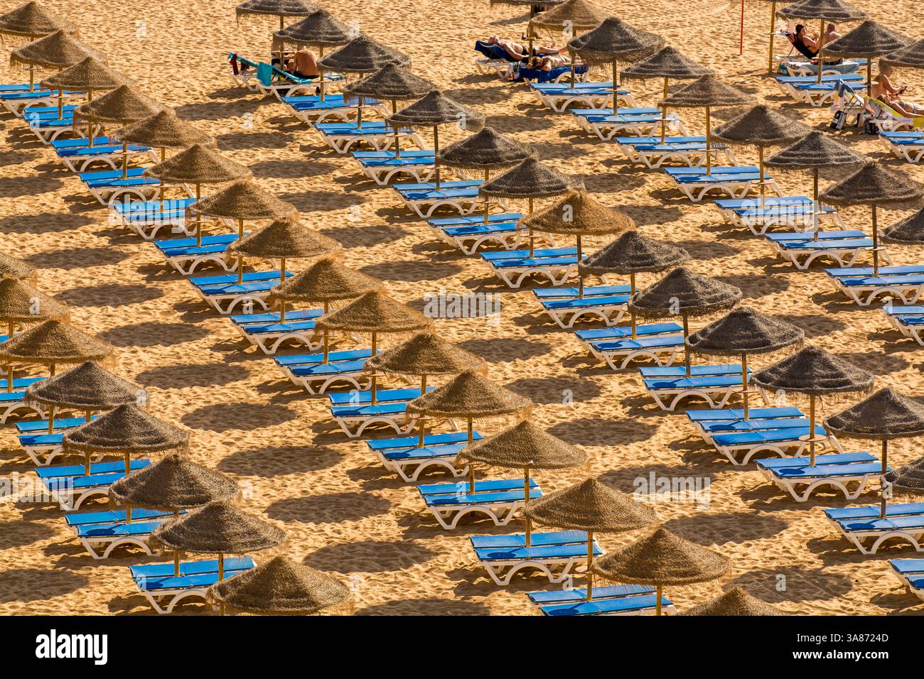 Spiaggia e ombrelloni, Praia dos Pescadores (Spiaggia dei pescatori), Albufeira, quartiere di Faro, Algarve, Portogallo Foto Stock