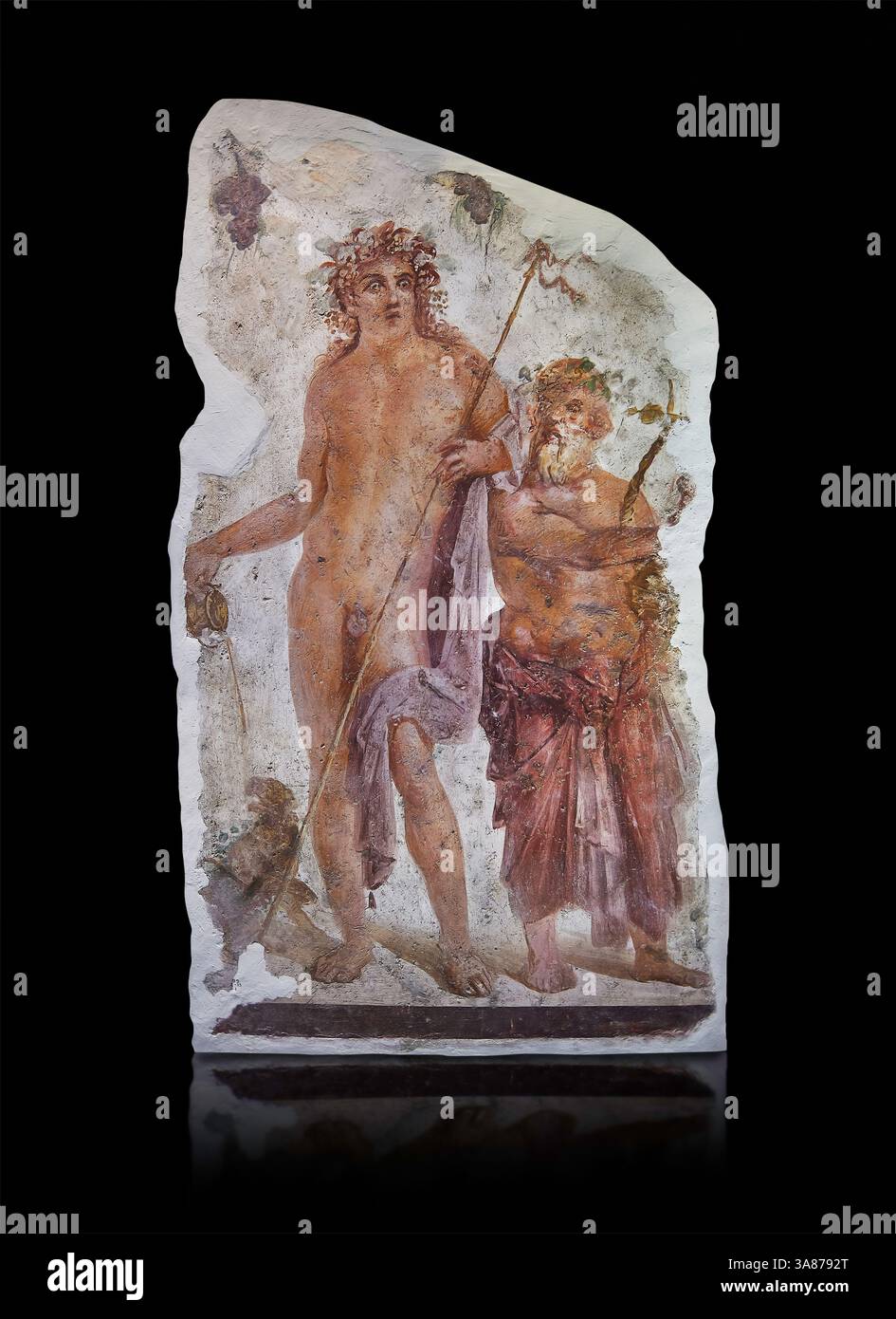 Affresco romano del dio del vino Bacco e del suo compagno Sileno, 30 a.C., Villa Boscoreale vicino a Pompei. British Museum di Londra. inv. 1899.2-1 Foto Stock