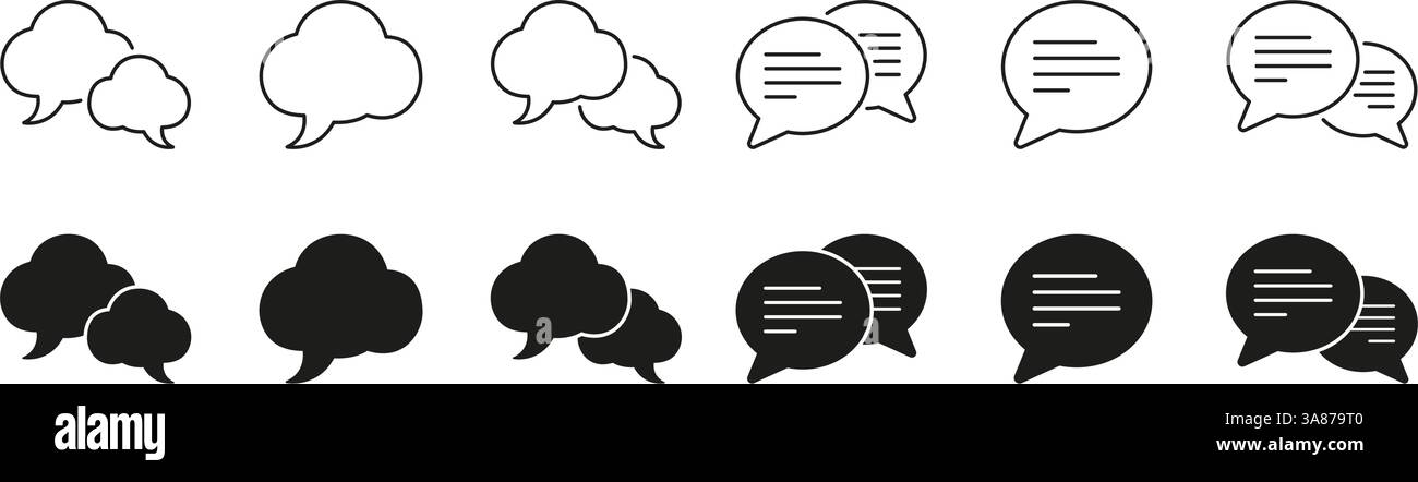 Bolla vocale, linea chat e set di icone continue. Raccolta di bolle, comunicazioni e simboli di messaggistica. Tratto modificabile. Illustrazione vettoriale isolata Illustrazione Vettoriale