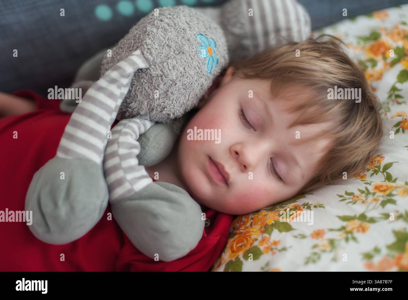 Un ragazzino dorme sonni tranquilli mentre abbraccia un peluche morbido elefante. Riposa su un cuscino con motivi floreali durante un tranquillo pomeriggio, incarnando la locanda Foto Stock