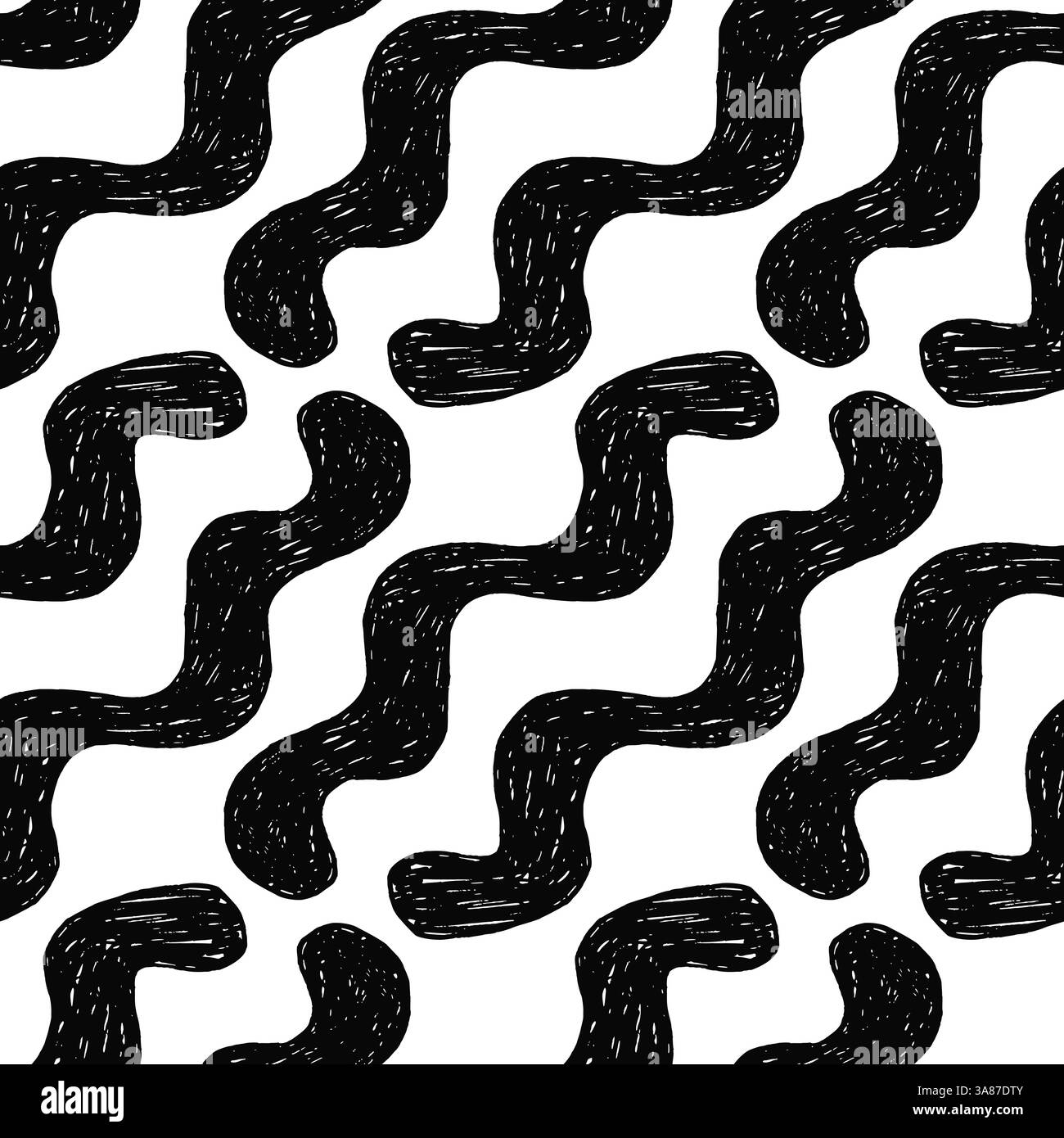 Motivo nero senza cuciture con audaci forme a squiggle in stile pastello alla moda. Fantasia dalle forme originali e audaci dello scoiattolo pastello. Disegnato manualmente su carta Illustrazione Vettoriale