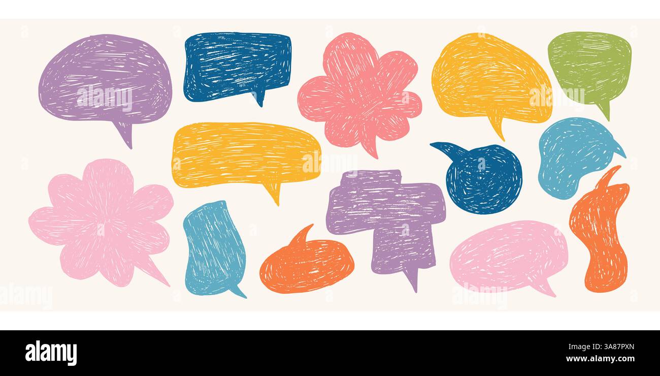 Coloratissime bolle di colore pastello. Bolle di comunicazione per scarabocchi disegnate a mano in pastello o gesso. Caselle di testo retrò, fumetto di dialogo Illustrazione Vettoriale