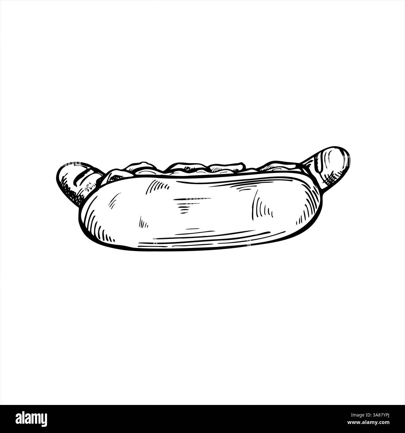 frankfurter monocromatico vettoriale in panino con inchiostro a righe di salse in bianco e nero. Sandwich classico con salsiccia, stile hot dog. Strada americana Illustrazione Vettoriale