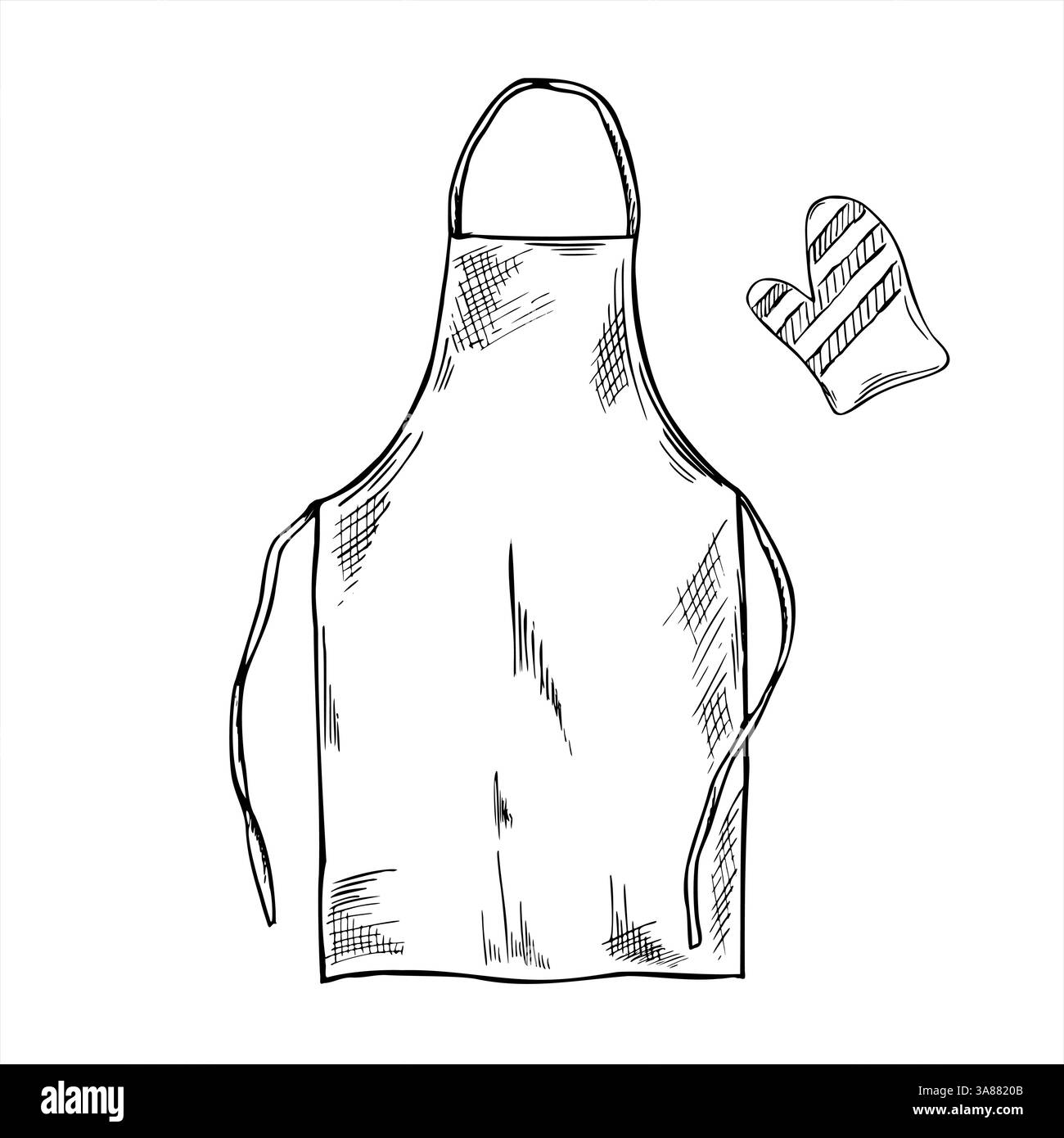 Grembiule da cuoco in tela con cravatta e guanto da forno, illustrazione vettoriale monocromatica in bianco e nero. Disegno inciso di uniforme tessile da cucina. Illustrazione Vettoriale