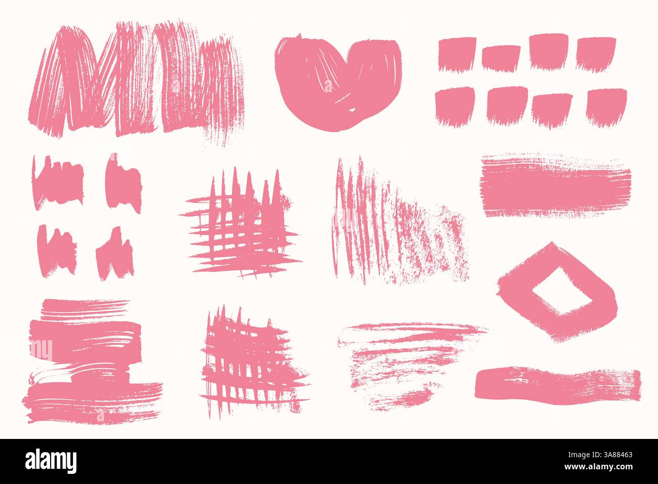 Collezione pennello inchiostro rosa. Tratti di pennello sporco vettoriale in diverse forme, striscioni, scatole, schizzi e macchie Illustrazione Vettoriale