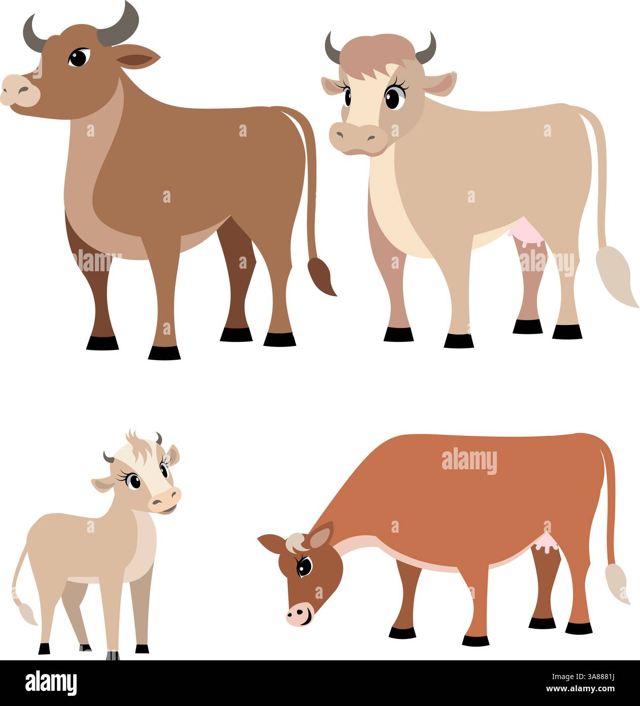 Animali da fattoria. Una fattoria carina. Set di toro, mucca e vitello. Raccolta di animali d'allevamento. Illustrazione vettoriale piatto bambino. Isolato su sfondo bianco. Illustrazione Vettoriale