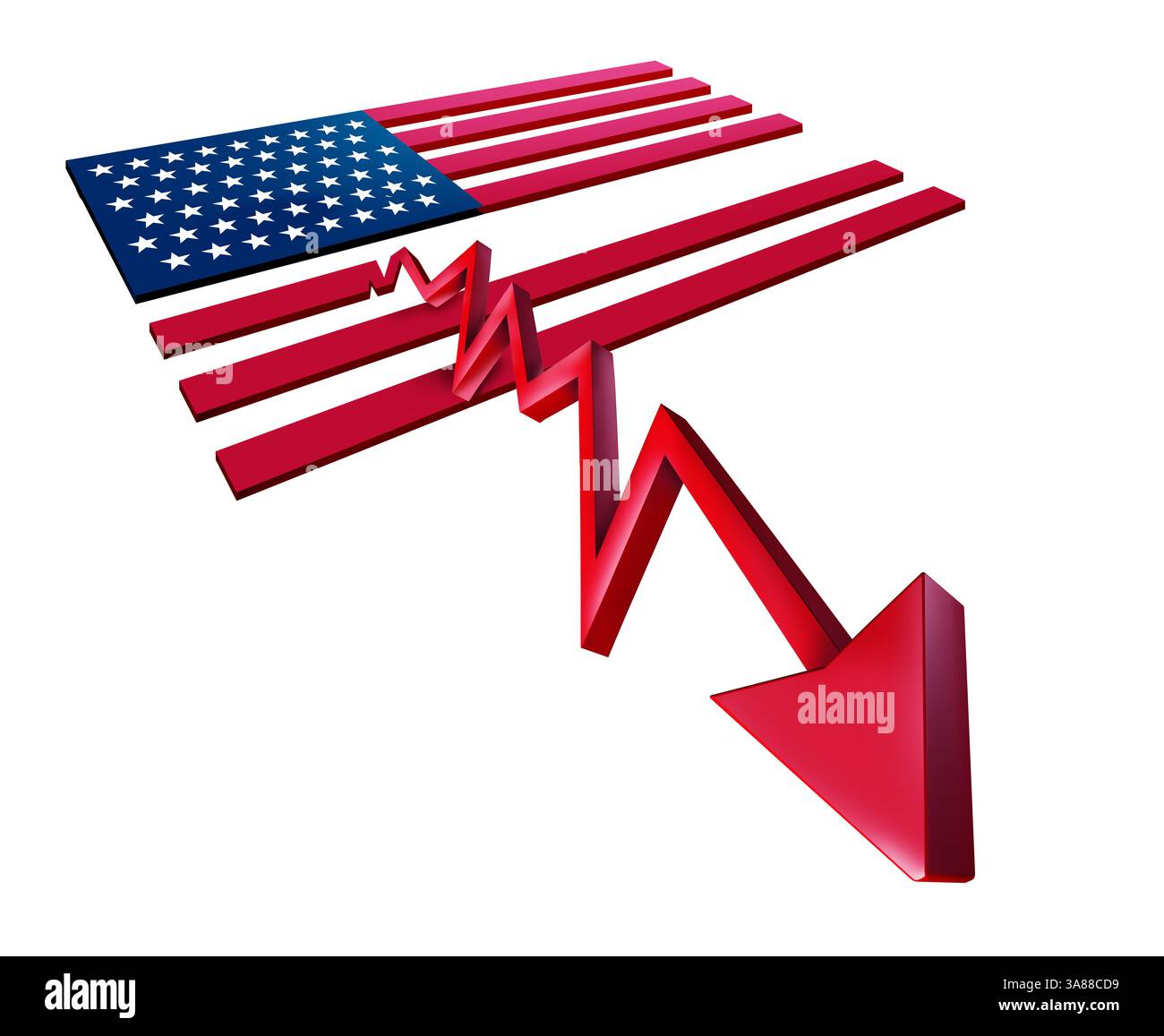 Il declino dell’economia americana e del PIL economico degli Stati Uniti declina come bandiera americana trasformandosi in una freccia discendente come concetto di business per a Foto Stock