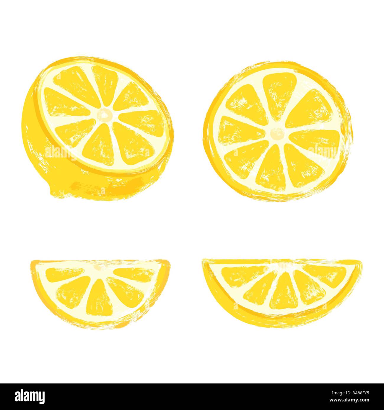 Set tratto pennello grunge frutta di limone. Pennello grungy creativo con limoni, semi di frutta e fette di limone. Limoni freschi per succo e. Illustrazione Vettoriale