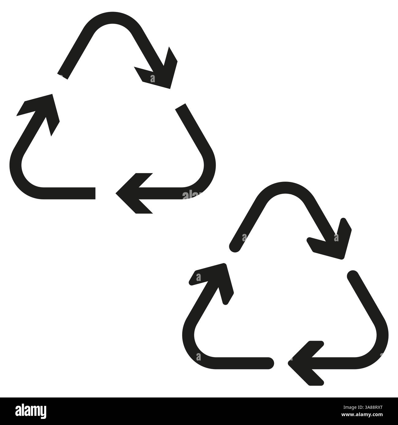 Icona del simbolo di riciclaggio. Illustrazione del triangolo ECO. Dettaglio freccia circolare. Contorno vettoriale nero. Illustrazione Vettoriale