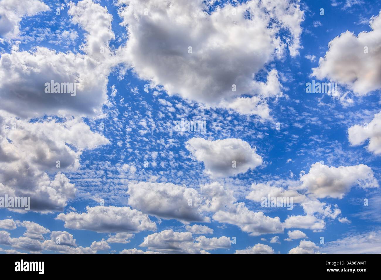 Cielo blu con cumulo e nuvole di cirrocumulo ad alta quota - sud-Touraine, Francia. Foto Stock