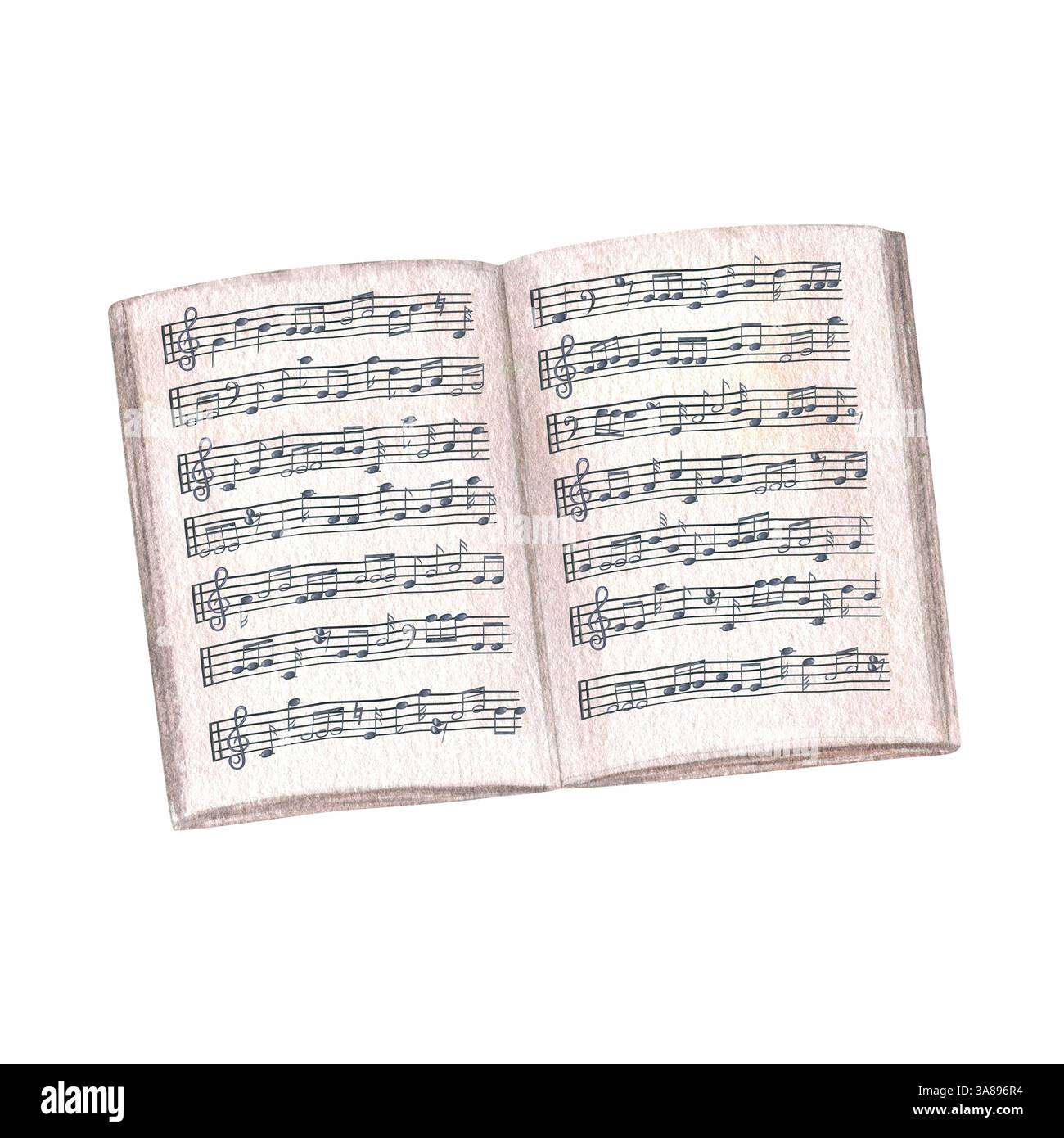 Apri un quaderno musicale con personale e note illustrazione ad acquerello sfondo isolato. Carta musicale del libro con griglia di stave per le note. Modello pagina allineata Foto Stock