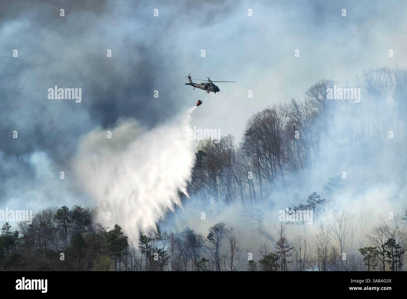 Pickens, Carolina del Sud, Stati Uniti. 23 marzo 2025. Un elicottero della South Carolina Army National Guard conduce operazioni aeree con secchi d'acqua sugli incendi di Table Rock e Persimmon Ridge nella contea di Pickens, S.C., 23 marzo 2025. (Credit Image: © U.S. Navy/ZUMA Press Wire) SOLO PER USO EDITORIALE! Non per USO commerciale! Foto Stock