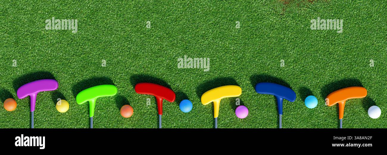 Palline da minigolf colorate e mazze su erba verde. rendering 3d. Foto Stock