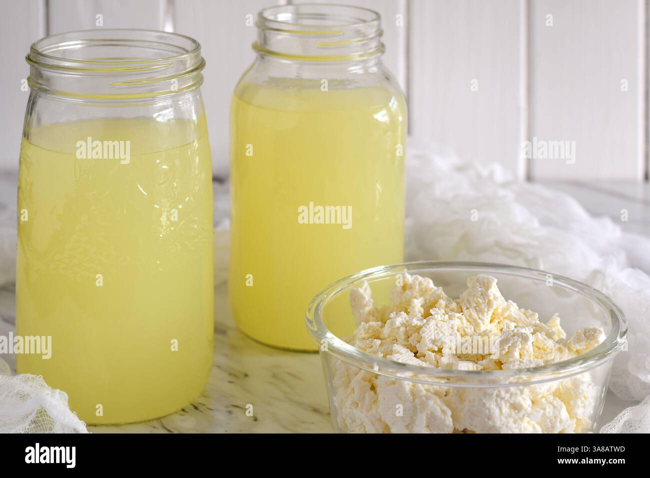 Formaggio fresco fresco e siero di latte liquido residuo in vasetti di vetro sul ripiano della cucina Foto Stock