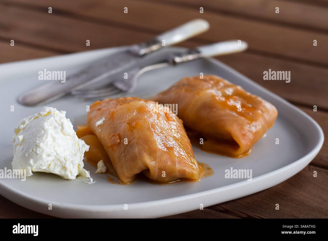 Tradizionali involtini di cavolo ucraini su un piatto bianco servito con panna acida Foto Stock